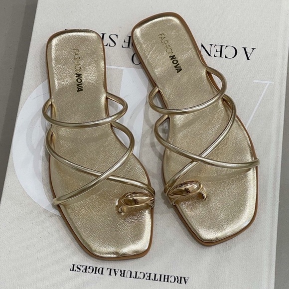 FASHION NOVA • Gold Strappy Celine Wait For You Sandals - Picture 3 of 3